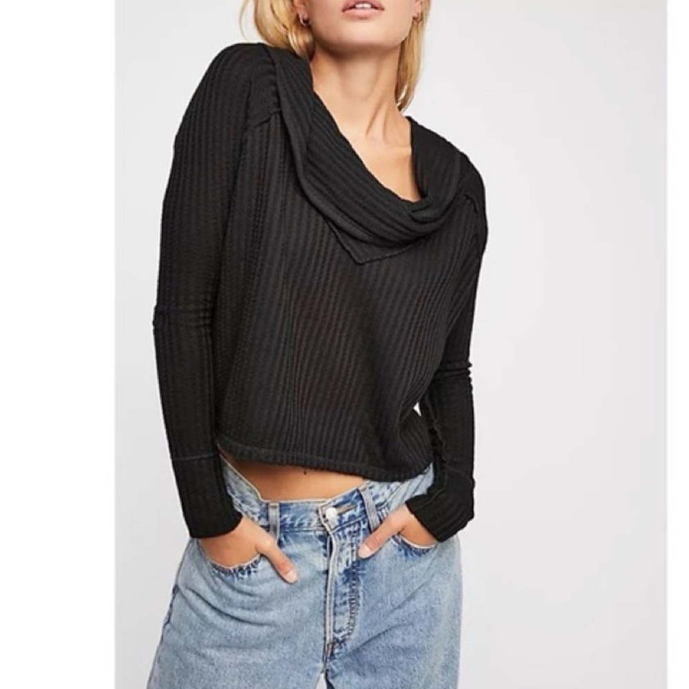 Free People We the Free Wildcat Thermal Cowl Neck Long Sleeve Black Top Small